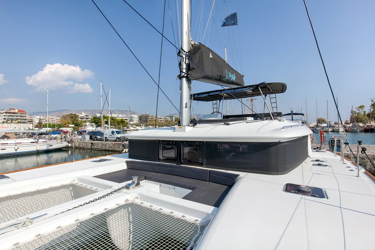 Deck of Relax, a Lagoon 450 Fly catamaran at Athens, Greece