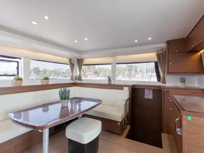 Salon of Relax, a Lagoon 450 Fly catamaran at Athens, Greece