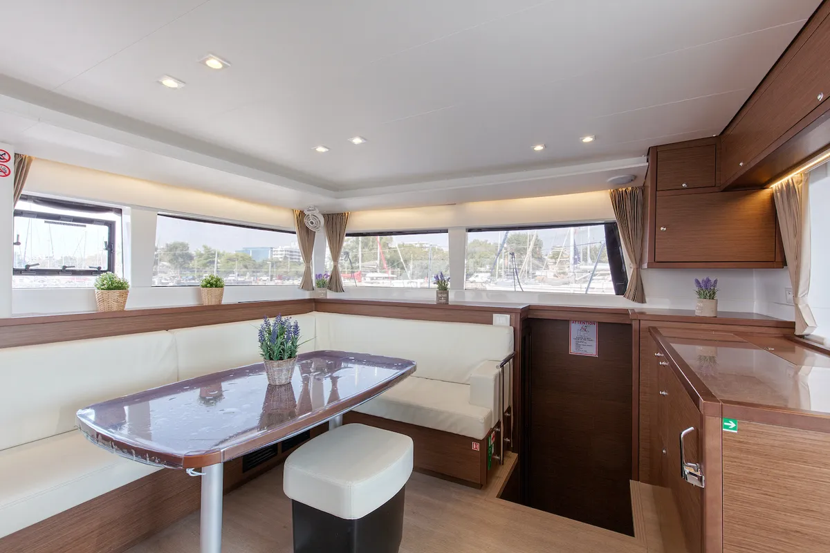 Salon of Relax, a Lagoon 450 Fly catamaran at Athens, Greece