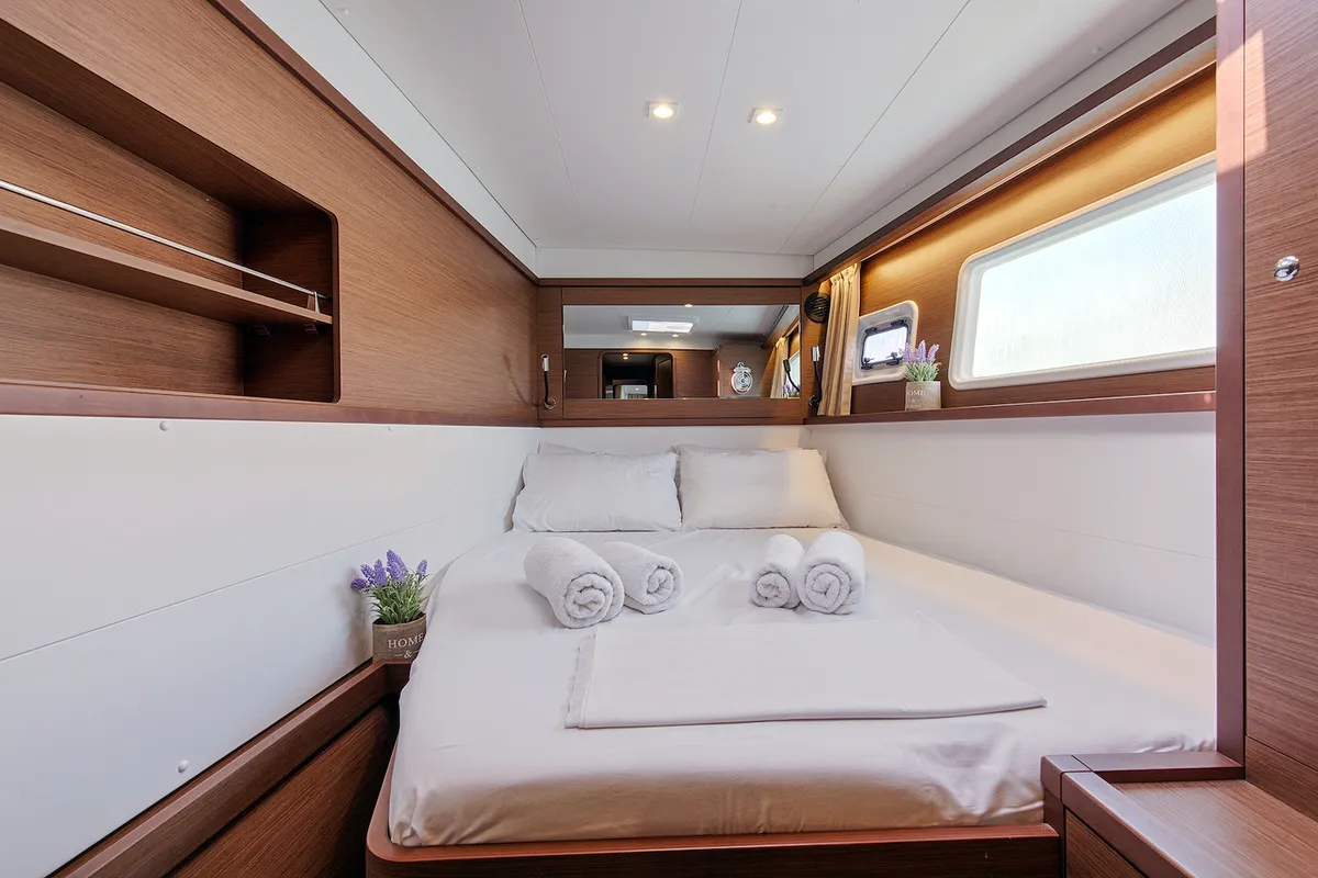 Cabin on Relax, a Lagoon 450 Fly catamaran at Athens, Greece