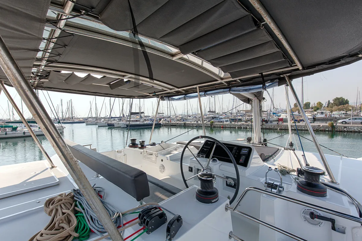 Cockpit of Relax, a Lagoon 450 Fly catamaran at Athens, Greece