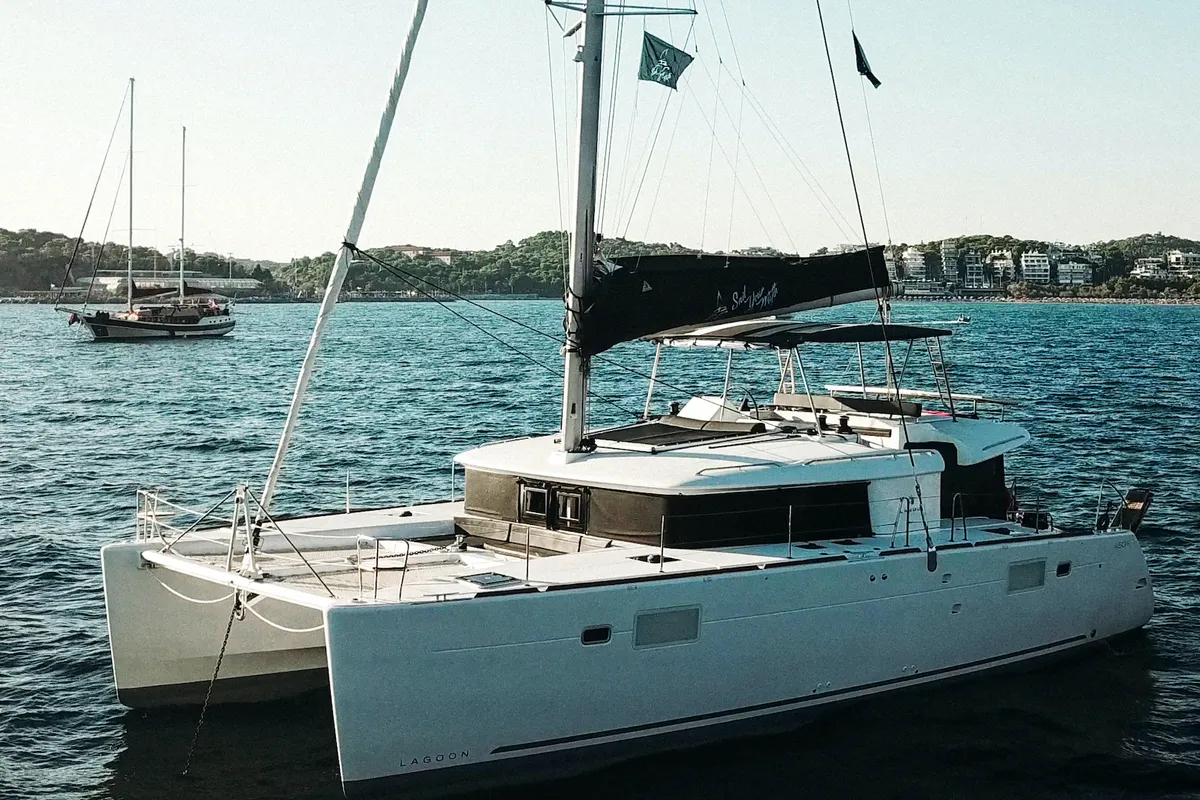 Exterior view of Relax, a Lagoon 450 Fly catamaran at Athens, Greece
