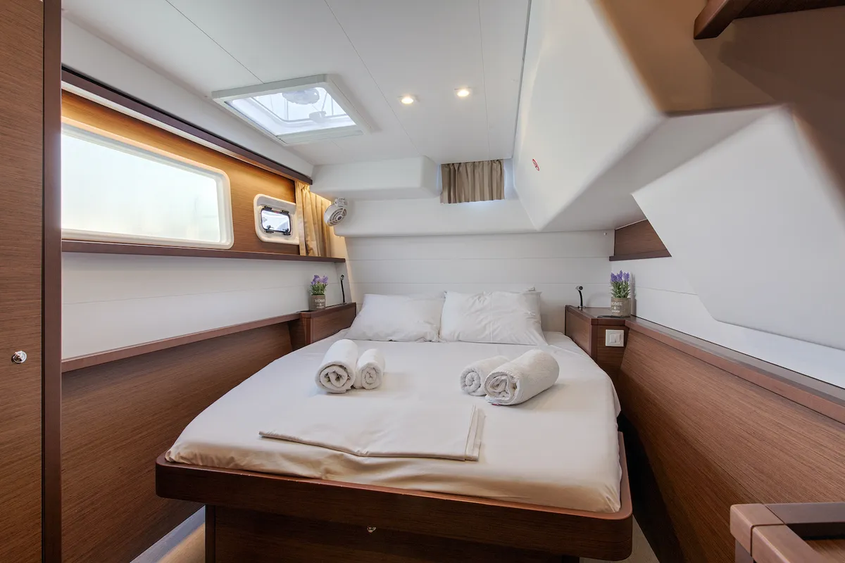 Cabin on Relax, a Lagoon 450 Fly catamaran at Athens, Greece