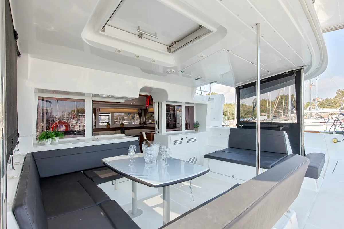 Deck of Relax, a Lagoon 450 Fly catamaran at Athens, Greece