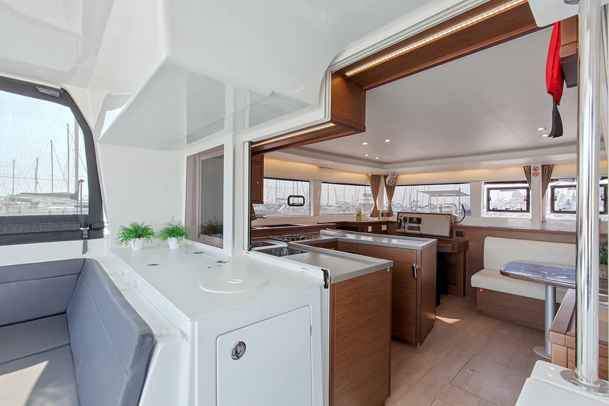 Salon of Relax, a Lagoon 450 Fly catamaran at Athens, Greece