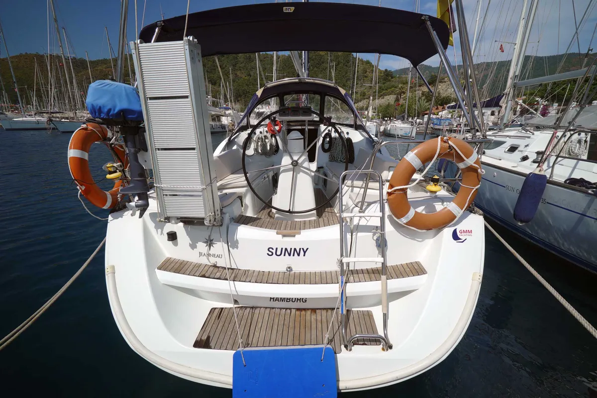 Cockpit of Primus Navi, a Jeanneau Sun Odyssey 36i sailboat at Marmaris, Turkey