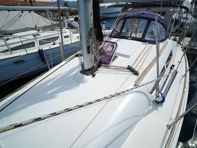 Deck of Primus Navi, a Jeanneau Sun Odyssey 36i sailboat at Marmaris, Turkey