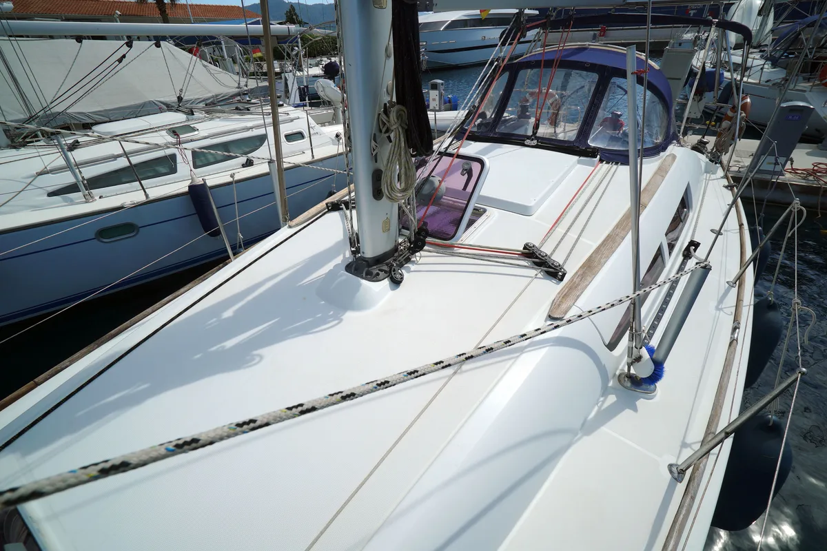 Deck of Primus Navi, a Jeanneau Sun Odyssey 36i sailboat at Marmaris, Turkey