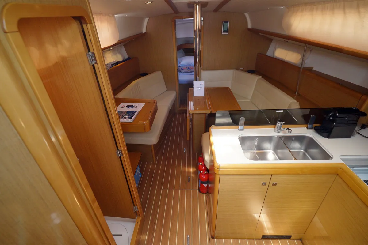 Salon of Primus Navi, a Jeanneau Sun Odyssey 36i sailboat at Marmaris, Turkey