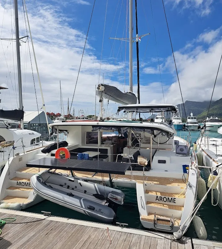 Exterior view of Arome, a Lagoon 450 S catamaran at Roche Caiman, Seychelles