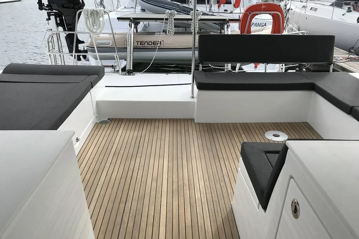 Deck of Arome, a Lagoon 450 S catamaran at Roche Caiman, Seychelles