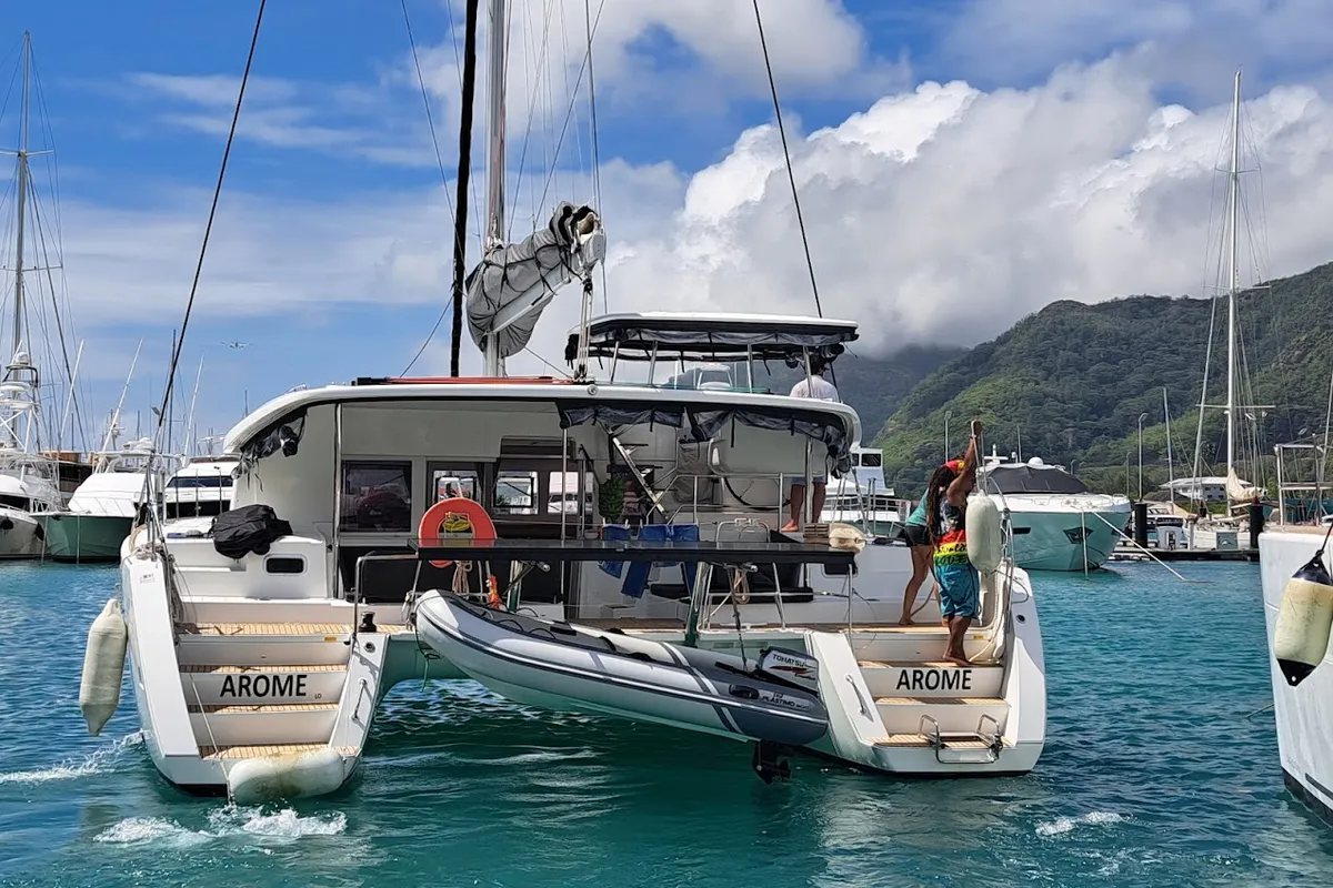 Exterior view of Arome, a Lagoon 450 S catamaran at Roche Caiman, Seychelles