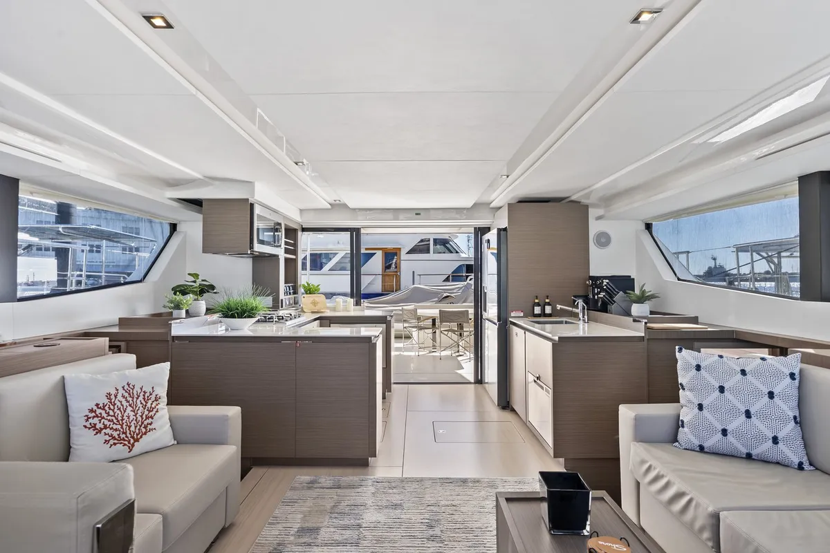 Salon of Nauti Cat, a Leopard 53 - OW catamaran at Central Abaco, Bahamas