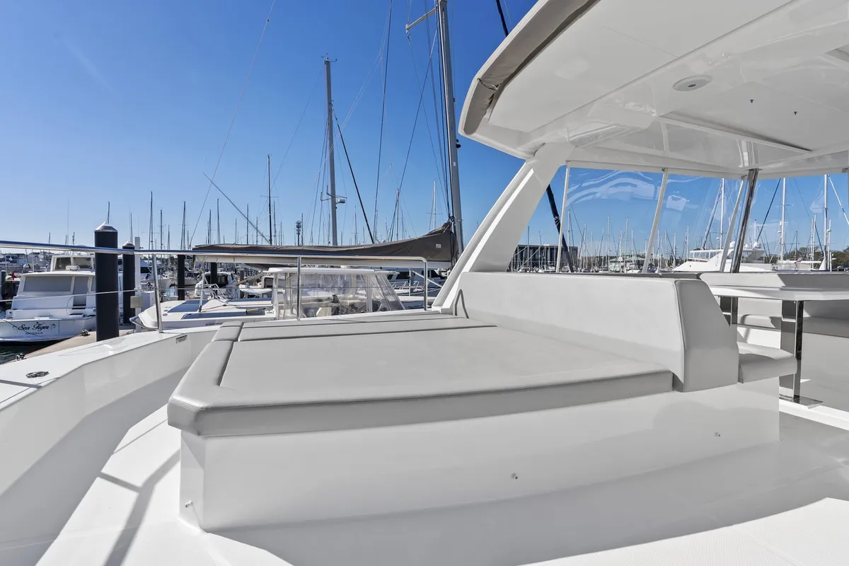 Deck of Nauti Cat, a Leopard 53 - OW catamaran at Central Abaco, Bahamas