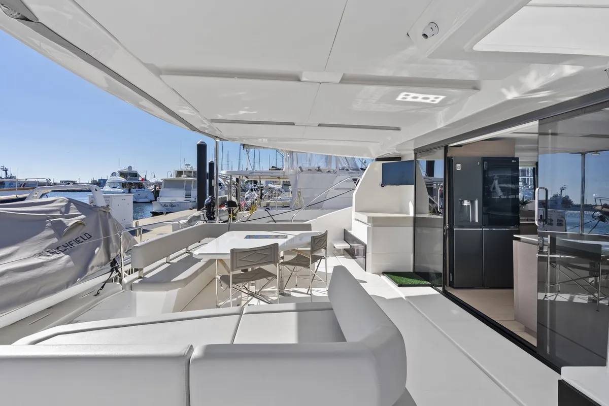 Deck of Nauti Cat, a Leopard 53 - OW catamaran at Central Abaco, Bahamas