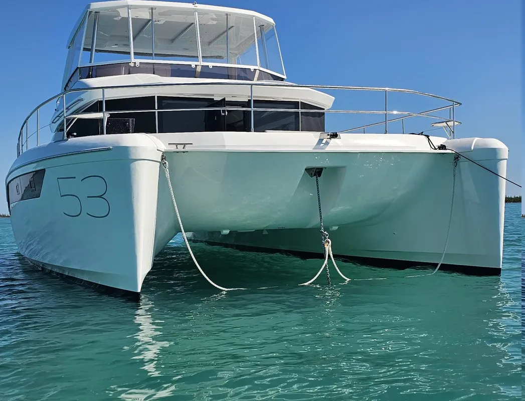 Exterior view of Nauti Cat, a Leopard 53 - OW catamaran at Central Abaco, Bahamas