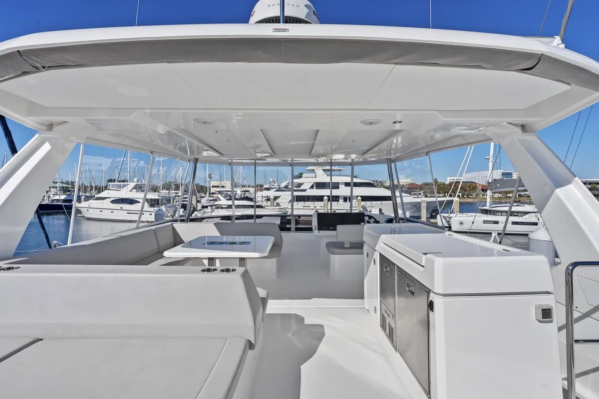 Deck of Nauti Cat, a Leopard 53 - OW catamaran at Central Abaco, Bahamas