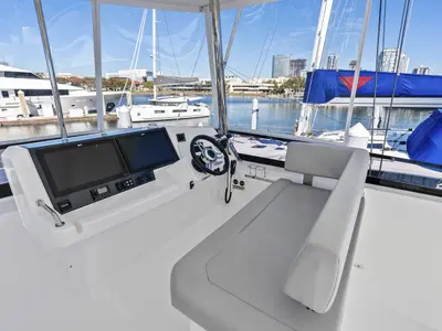Cockpit of Nauti Cat, a Leopard 53 - OW catamaran at Central Abaco, Bahamas