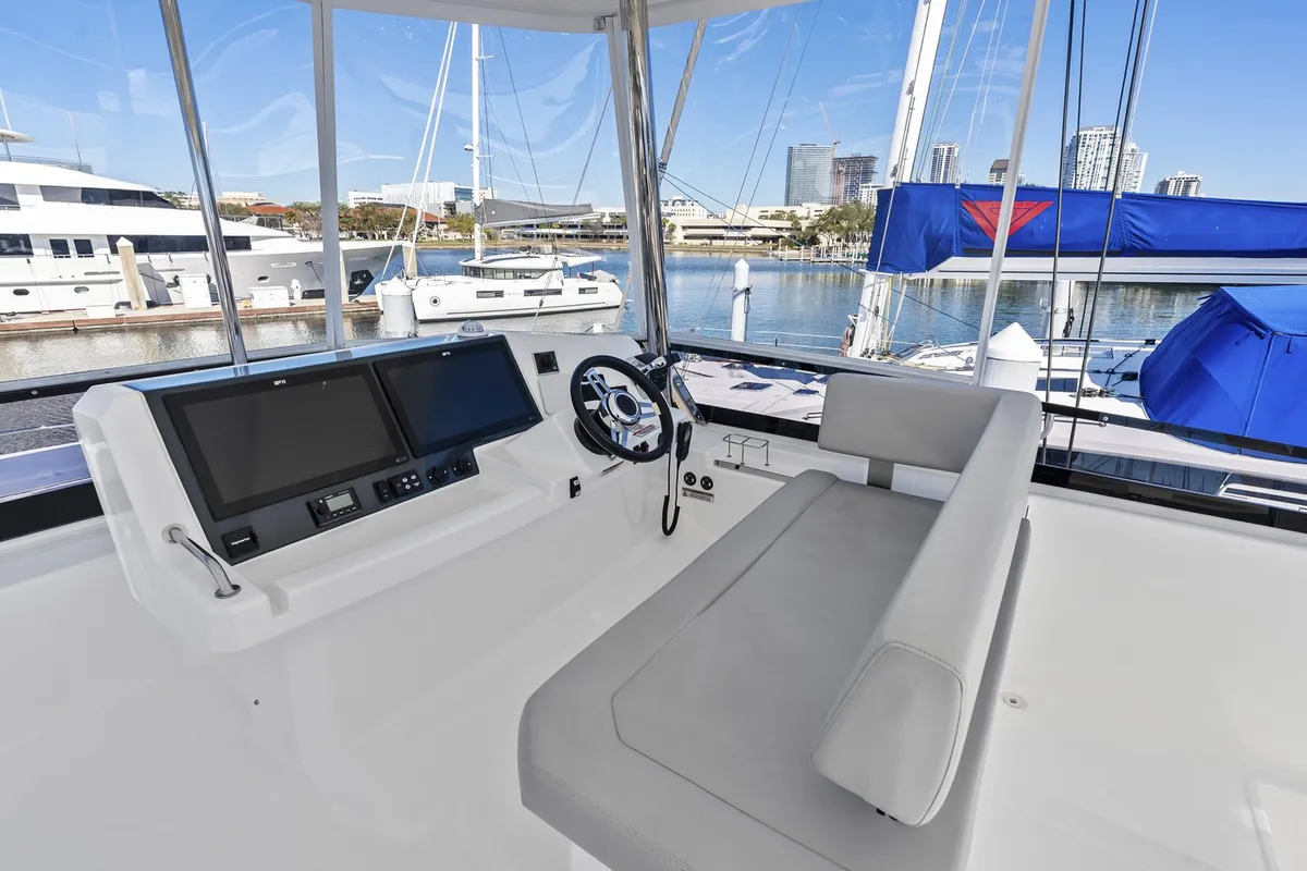 Cockpit of Nauti Cat, a Leopard 53 - OW catamaran at Central Abaco, Bahamas