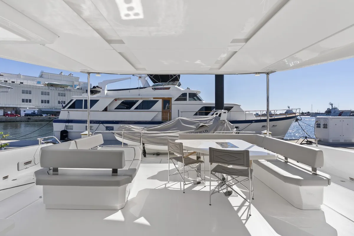 Deck of Nauti Cat, a Leopard 53 - OW catamaran at Central Abaco, Bahamas