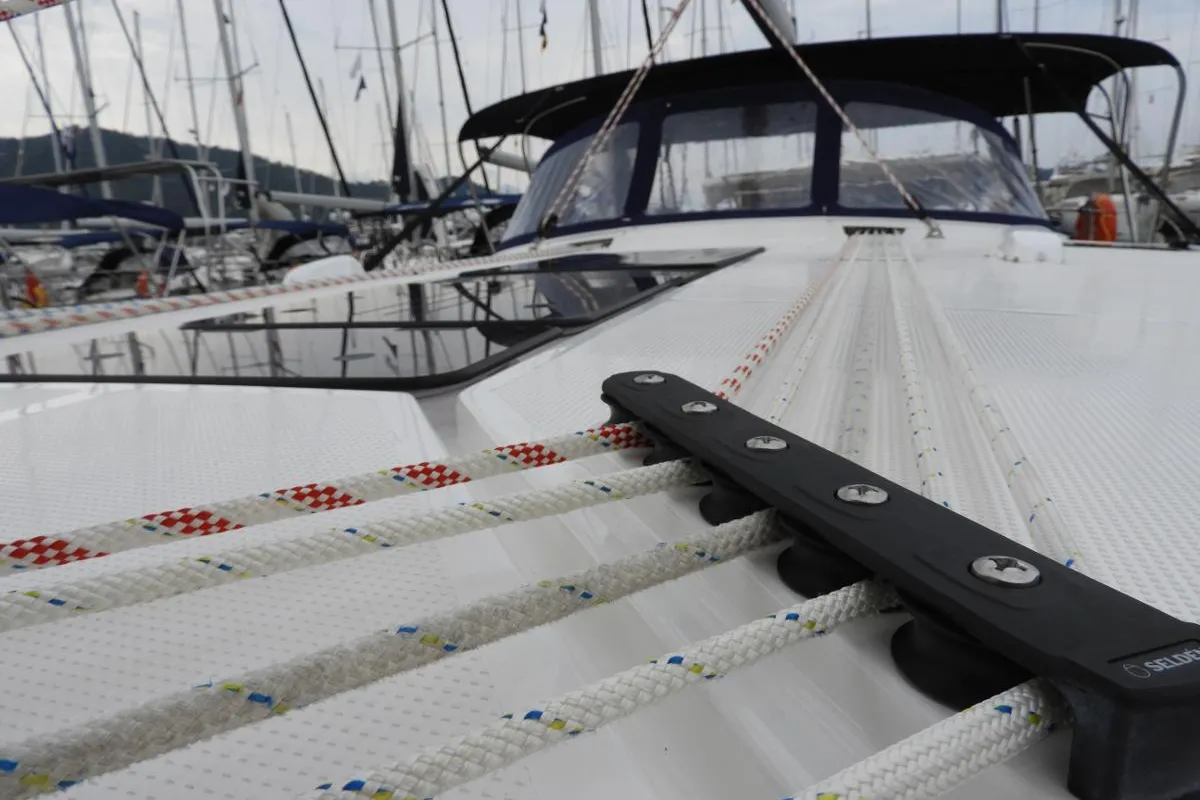 Deck of Mango, a Bavaria Cruiser 51 sailboat at Fethiye, Turkey