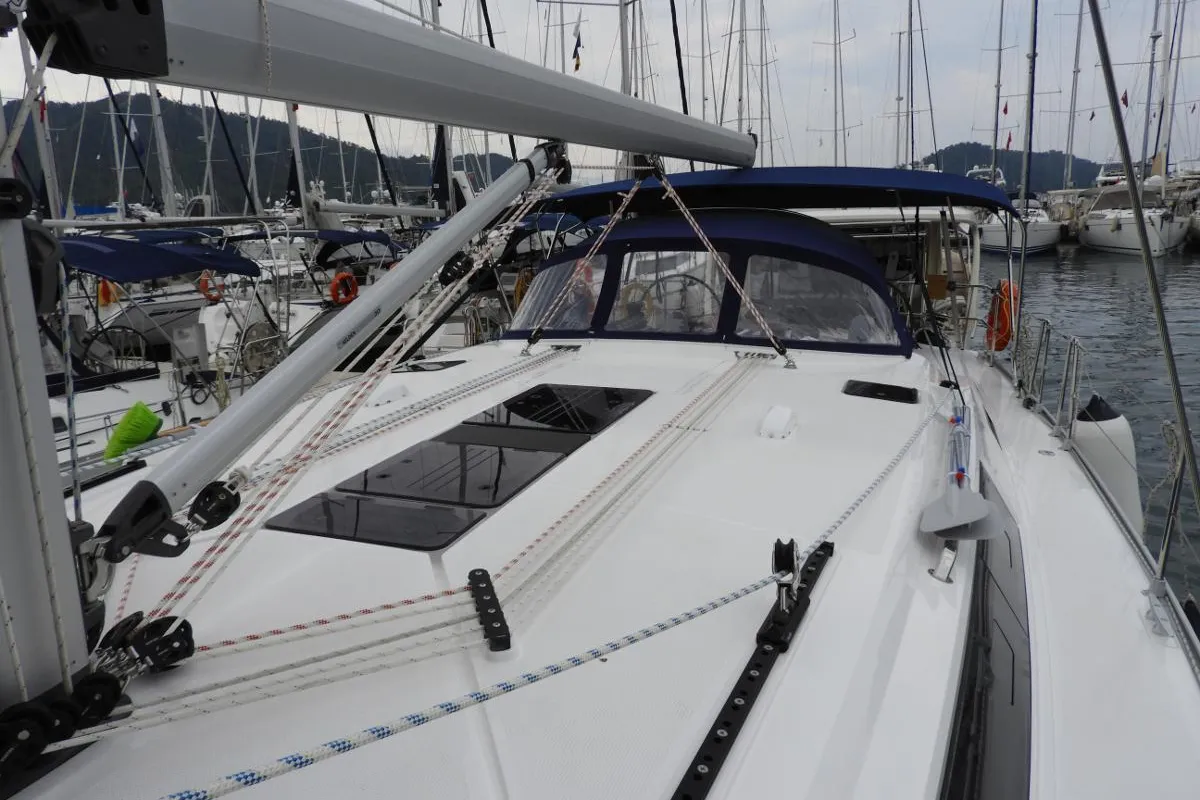 Deck of Mango, a Bavaria Cruiser 51 sailboat at Fethiye, Turkey