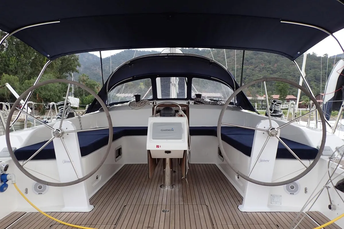 Cockpit of Mango, a Bavaria Cruiser 51 sailboat at Fethiye, Turkey
