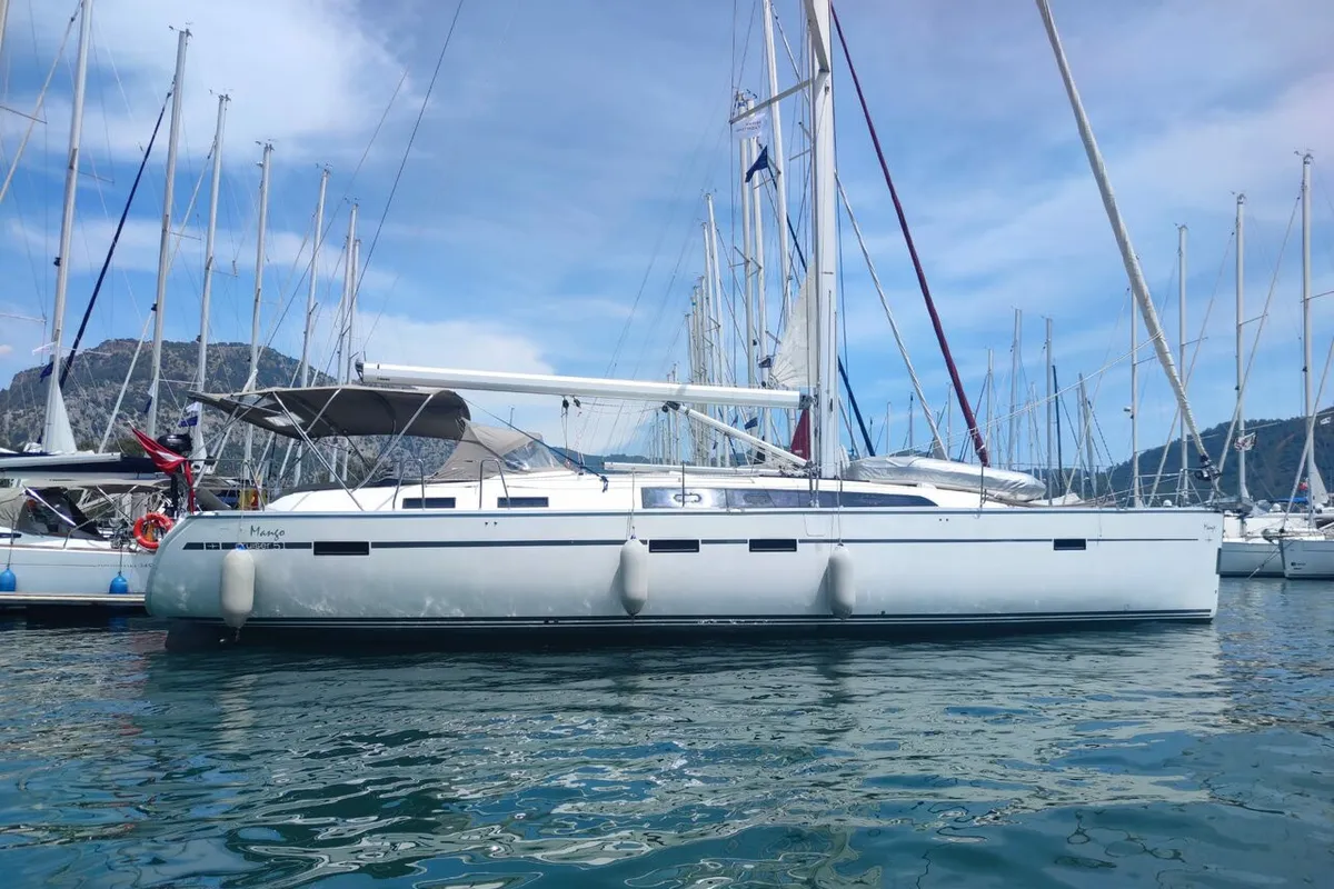 Exterior view of Mango, a Bavaria Cruiser 51 sailboat at Fethiye, Turkey