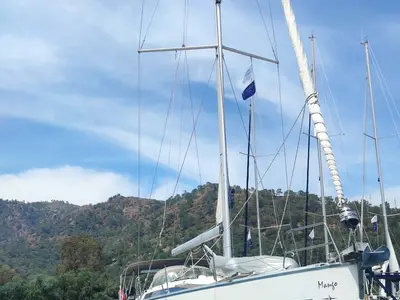 Deck of Mango, a Bavaria Cruiser 51 sailboat at Fethiye, Turkey