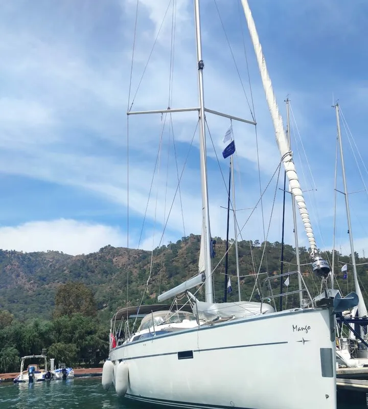 Deck of Mango, a Bavaria Cruiser 51 sailboat at Fethiye, Turkey