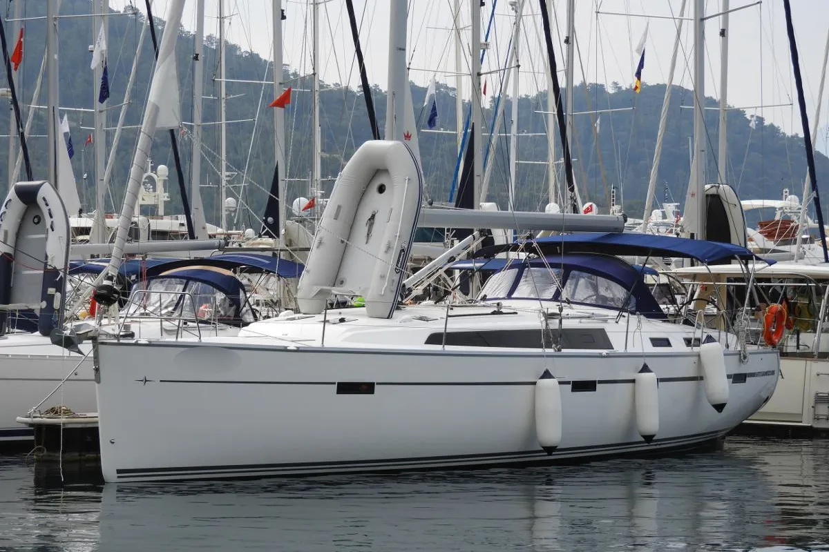 Exterior view of Mango, a Bavaria Cruiser 51 sailboat at Fethiye, Turkey