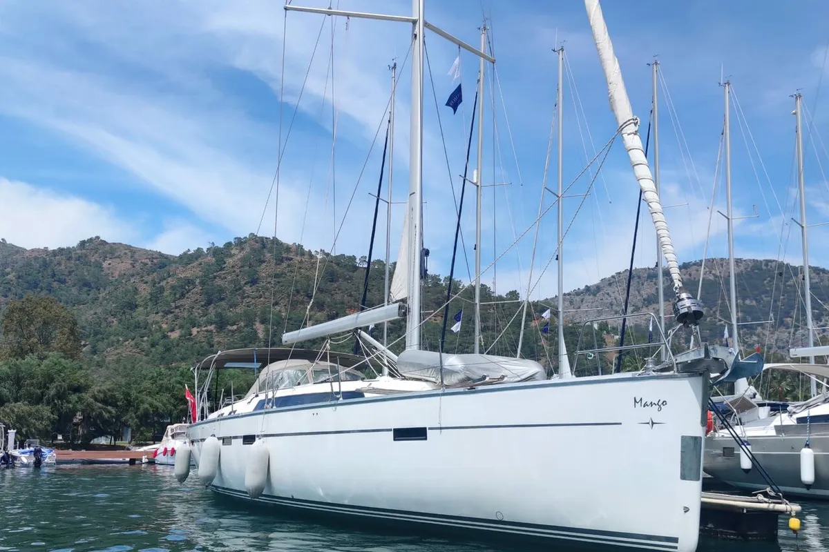 Exterior view of Mango, a Bavaria Cruiser 51 sailboat at Fethiye, Turkey