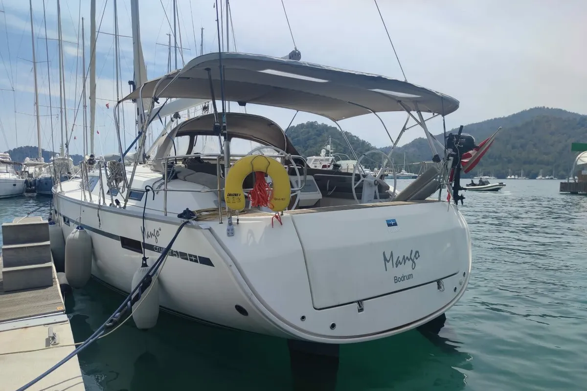 Exterior view of Mango, a Bavaria Cruiser 51 sailboat at Fethiye, Turkey