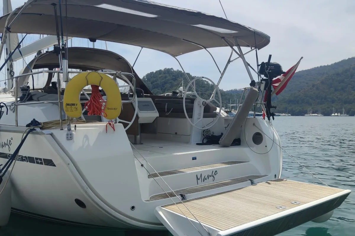 Deck of Mango, a Bavaria Cruiser 51 sailboat at Fethiye, Turkey