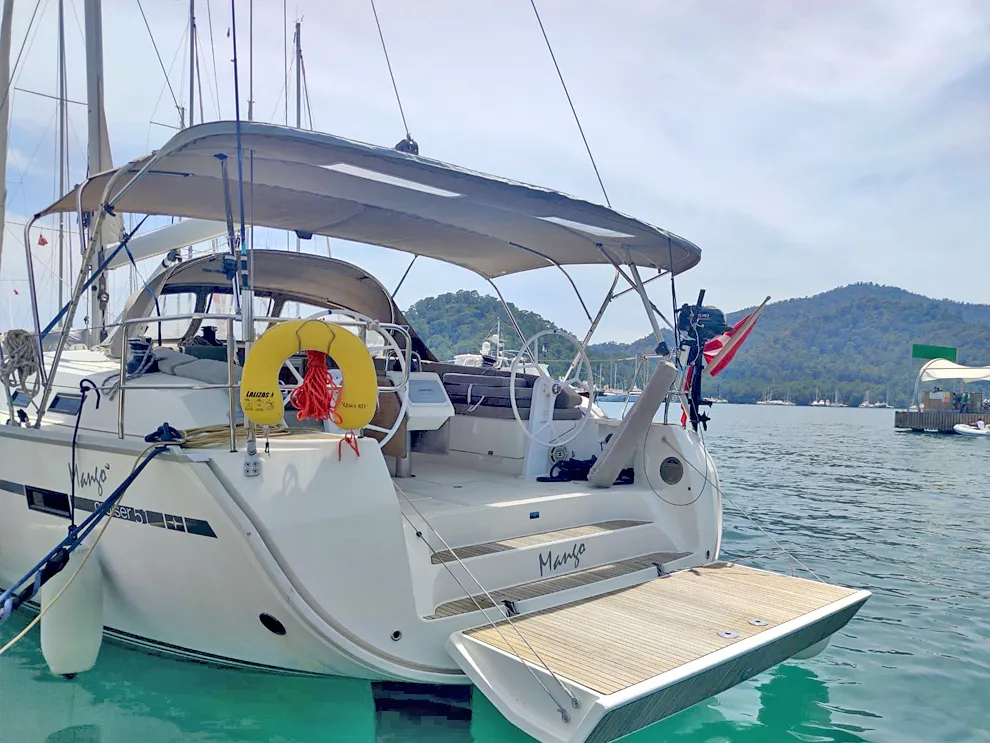 Exterior view of Mango, a Bavaria Cruiser 51 sailboat at Fethiye, Turkey
