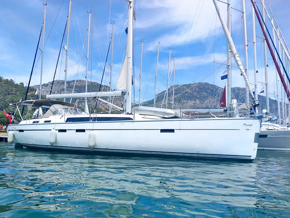 Exterior view of Mango, a Bavaria Cruiser 51 sailboat at Fethiye, Turkey
