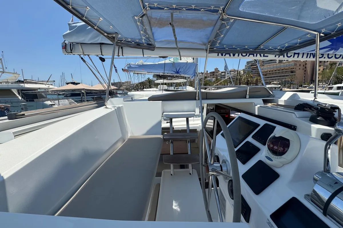 Deck of Rosual Mar 467/2025, a Fountaine Pajot Astrea 42 Quatuor catamaran at Palma de Mallorca, Spain