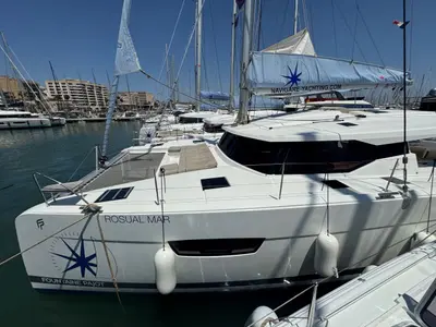 Cockpit of Rosual Mar 467/2025, a Fountaine Pajot Astrea 42 Quatuor catamaran at Palma de Mallorca, Spain