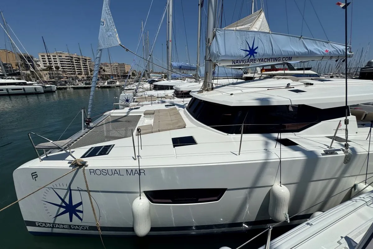 Cockpit of Rosual Mar 467/2025, a Fountaine Pajot Astrea 42 Quatuor catamaran at Palma de Mallorca, Spain