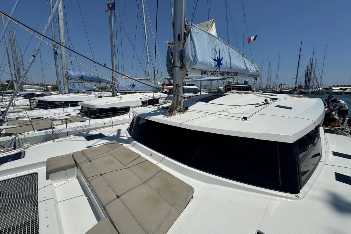 Deck of Rosual Mar 467/2025, a Fountaine Pajot Astrea 42 Quatuor catamaran at Palma de Mallorca, Spain