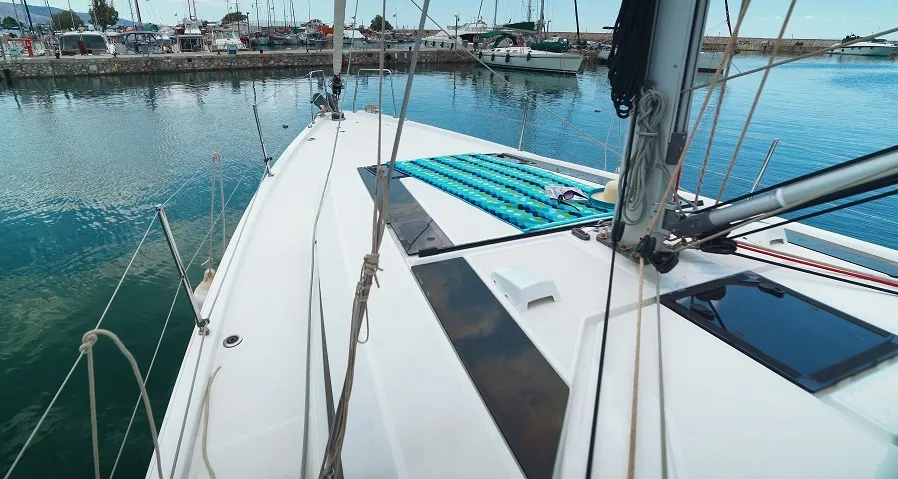 Deck of Aeolian Melody, a Beneteau Oceanis 46.1 sailboat at Preveza, Greece