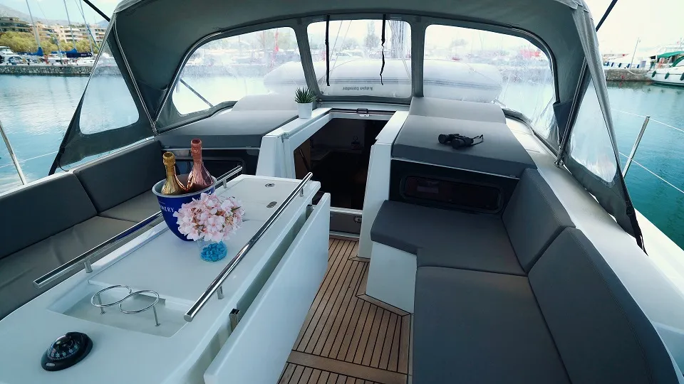 Cockpit of Aeolian Melody, a Beneteau Oceanis 46.1 sailboat at Preveza, Greece