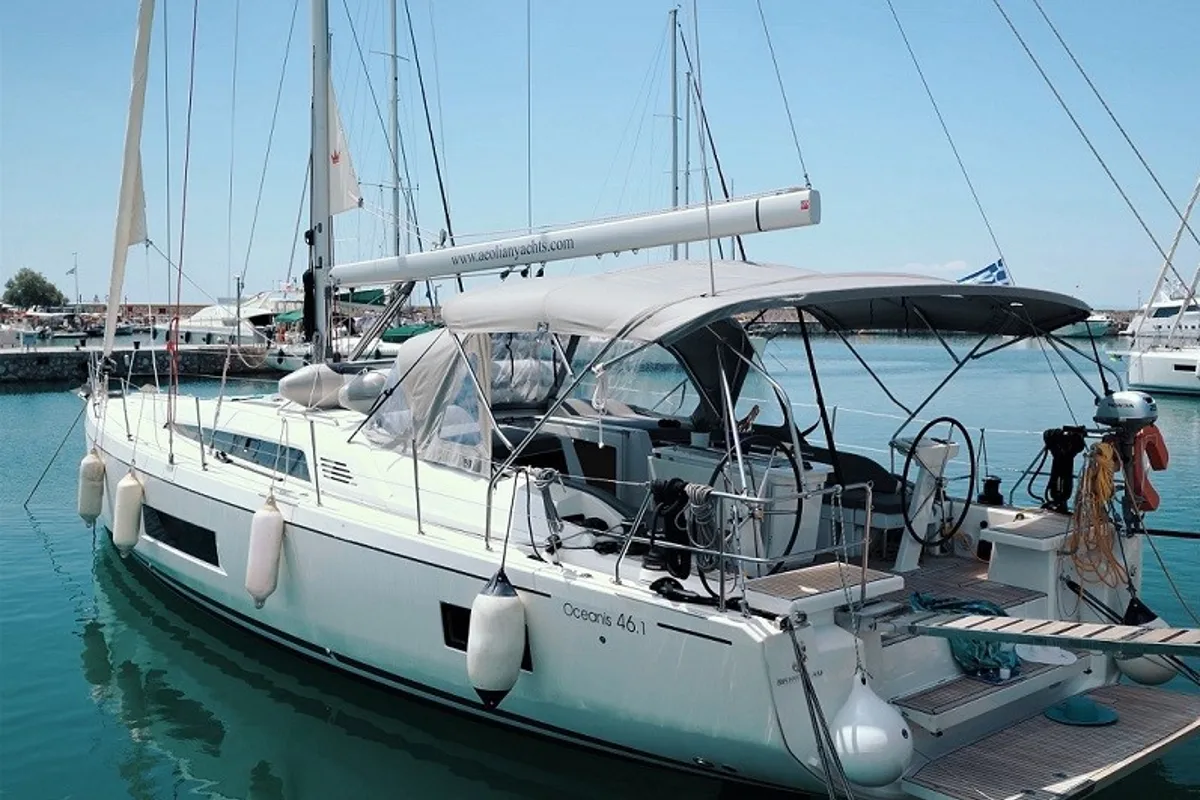 Exterior view of Aeolian Melody, a Beneteau Oceanis 46.1 sailboat at Preveza, Greece