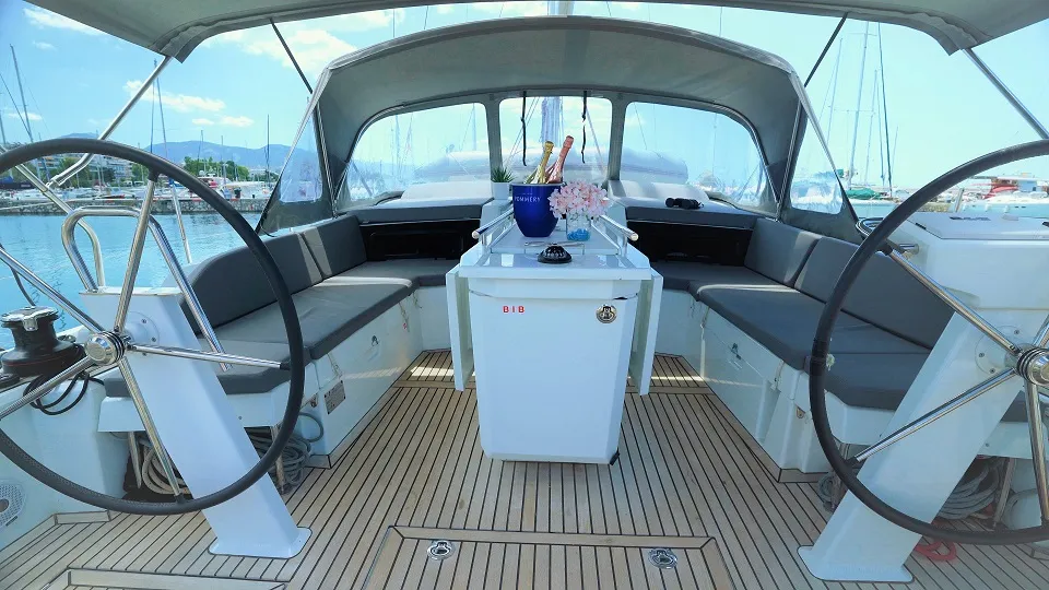 Cockpit of Aeolian Melody, a Beneteau Oceanis 46.1 sailboat at Preveza, Greece