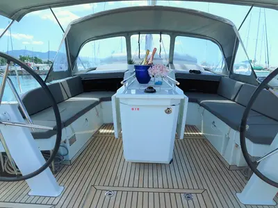 Cockpit of Aeolian Melody, a Beneteau Oceanis 46.1 sailboat at Preveza, Greece