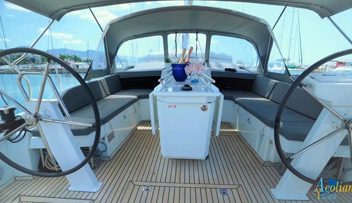 Cockpit of Aeolian Melody, a Beneteau Oceanis 46.1 sailboat at Preveza, Greece