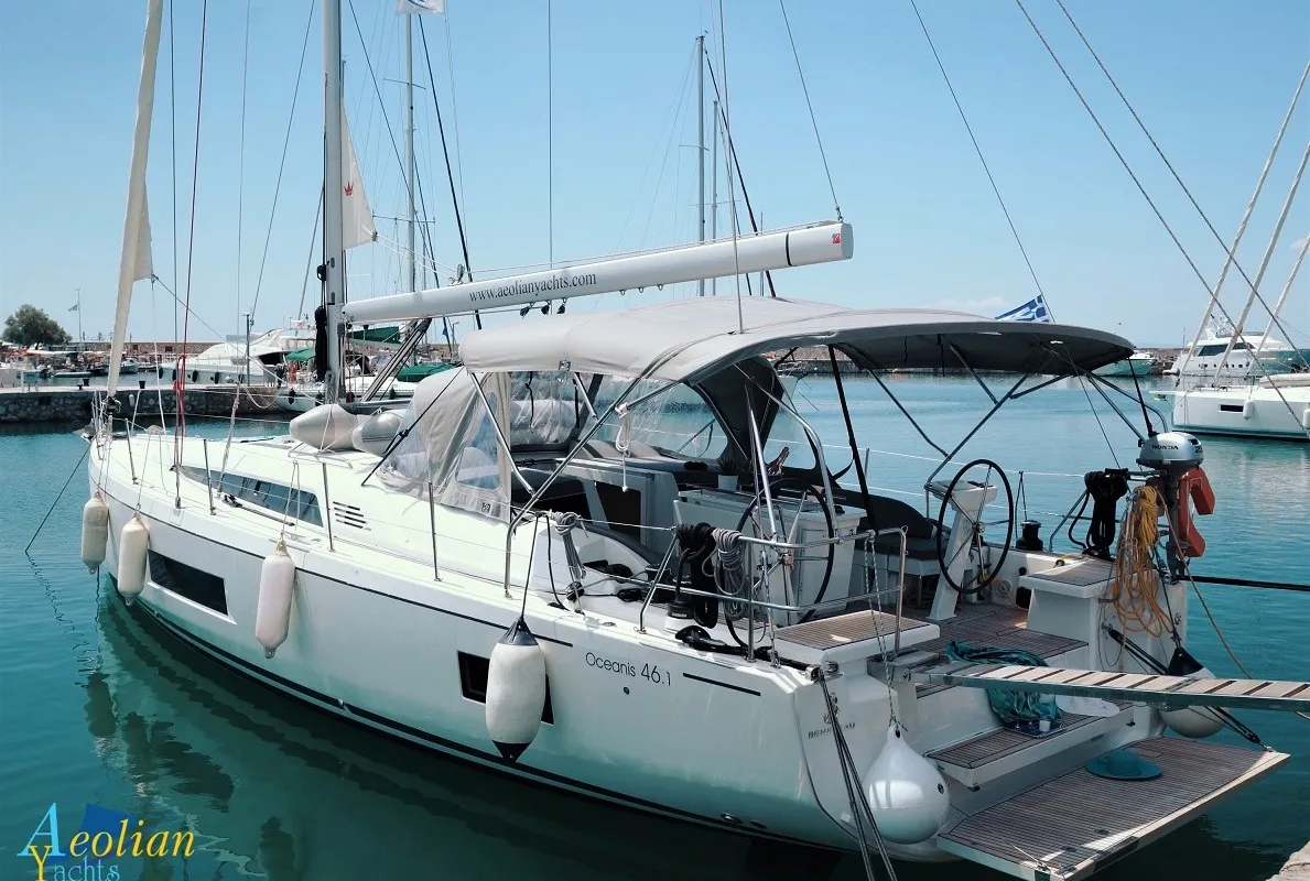 Exterior view of Aeolian Melody, a Beneteau Oceanis 46.1 sailboat at Preveza, Greece