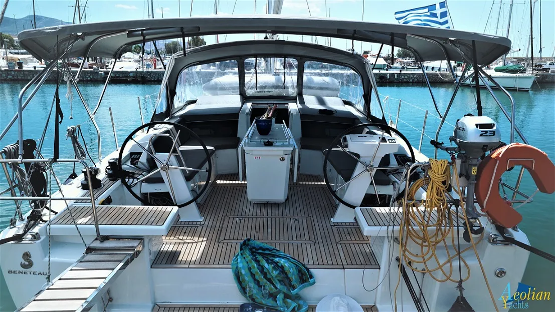 Cockpit of Aeolian Melody, a Beneteau Oceanis 46.1 sailboat at Preveza, Greece