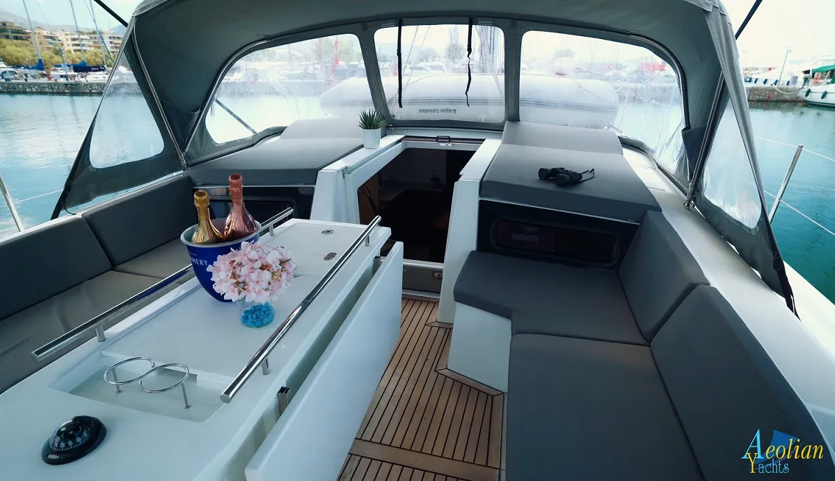 Cockpit of Aeolian Melody, a Beneteau Oceanis 46.1 sailboat at Preveza, Greece