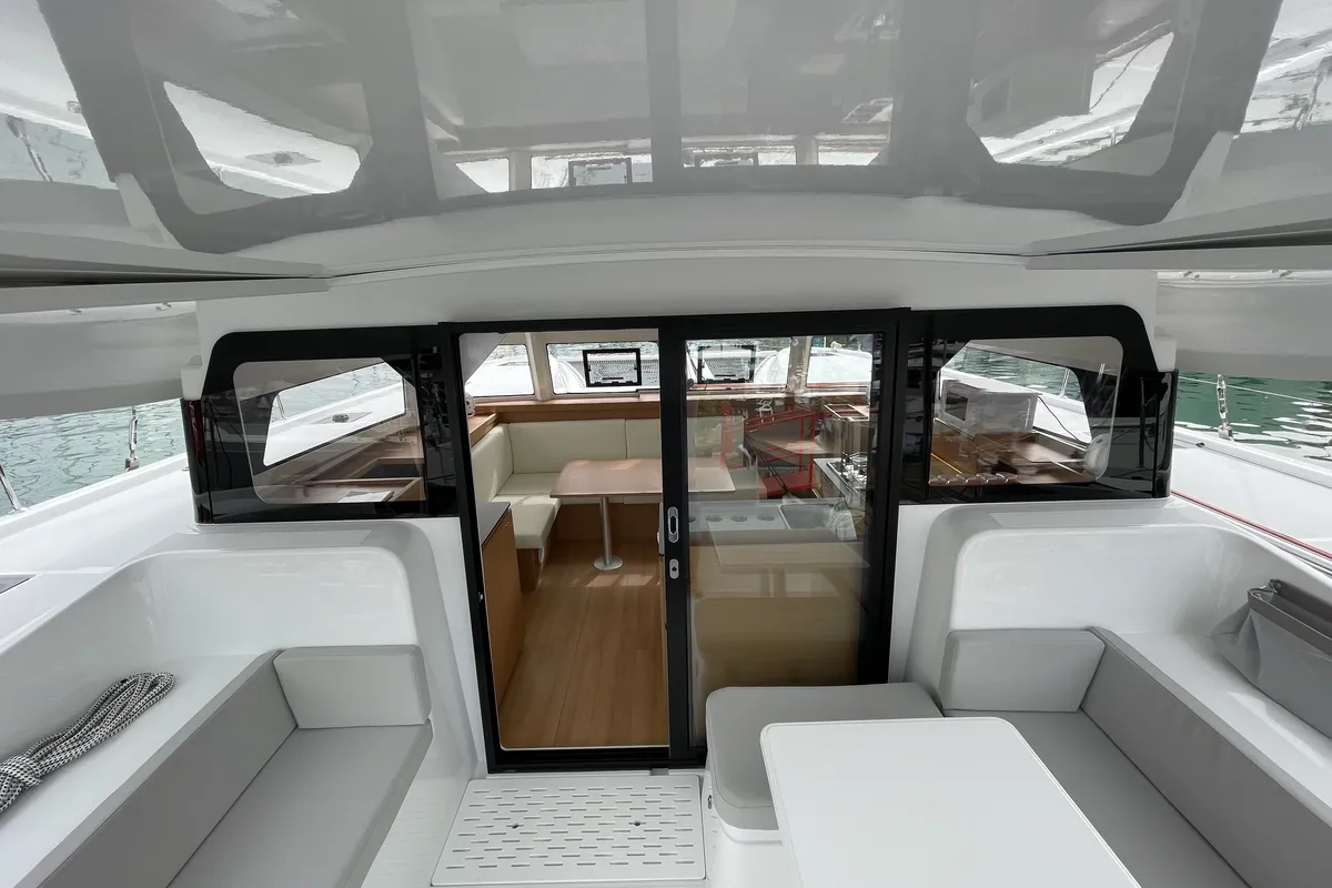 Deck of Siesta, a Excess 11 catamaran at Ibiza, Spain